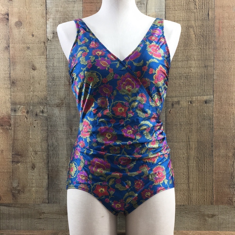 Diva‎ By Rachel Pappo Vintage Blue Red Floral Print One Piece Swimsuit Womens 12